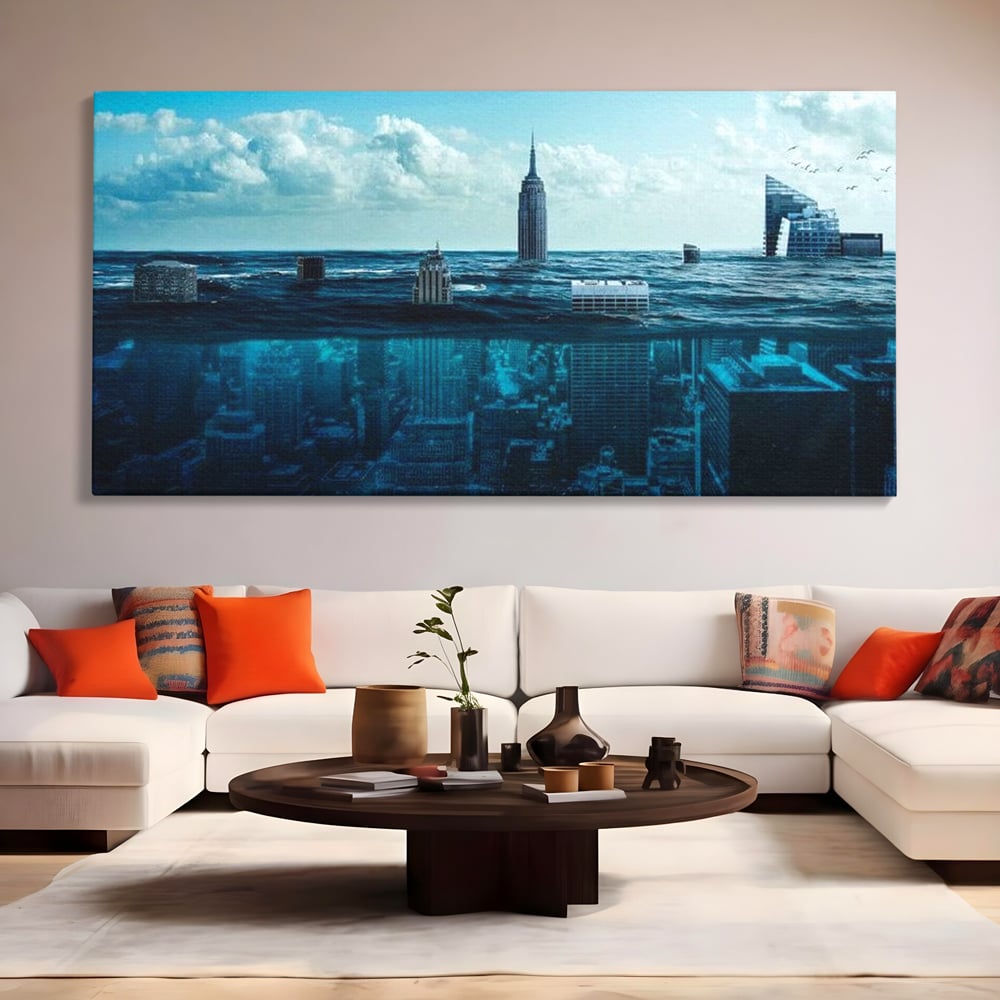 Tablou canvas cu ilustratie digitala cu oras scufundat in ocean, fara rama, pe sasiu de lemn, pe perete intr-un living